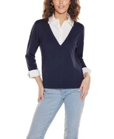 Belldini Womens Woven Collar Twofer Sweater In Navy