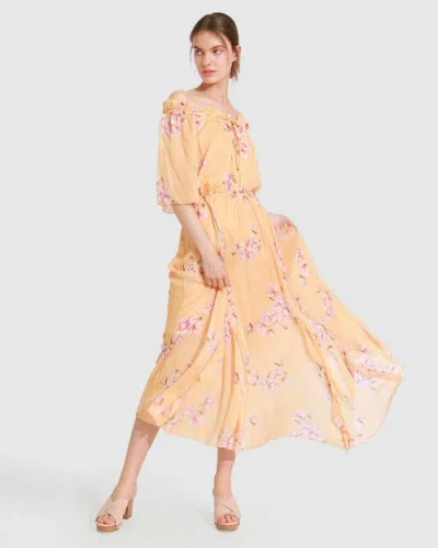 Belle & Bloom Amour Amour Ruffled Midi Dress In Peach Peonies