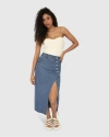 Belle & Bloom Can't Forget You Denim Midi Skirt In Mid Wash