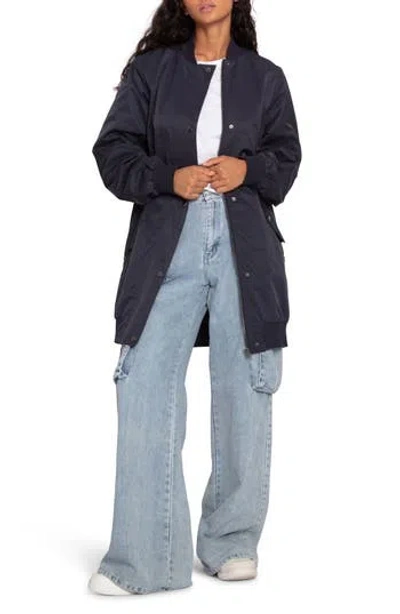 Belle & Bloom Chasing You Long Bomber Jacket In Navy