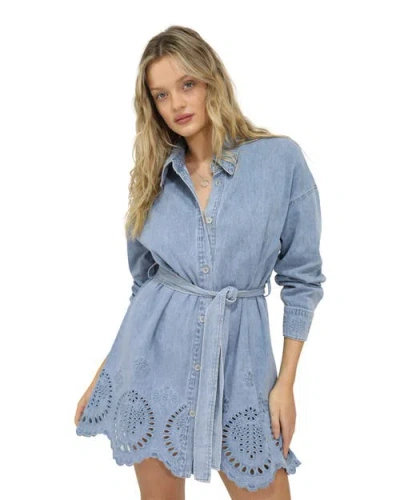 Belle & Bloom Sunday Somewhere Denim Broderie Mini Shirt Dress In Blue