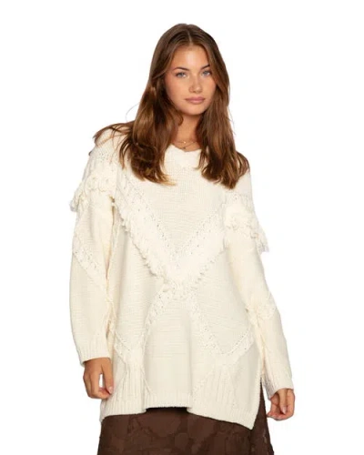 Belle & Bloom Tassel Line Fringe Oversized Sweater In White