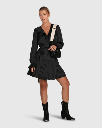 Belle & Bloom Wild Flower Embroidered Wrap Dress In Black