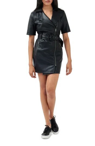 Belle & Bloom Wild Nights Short Sleeve Faux Leather Minidress In Black