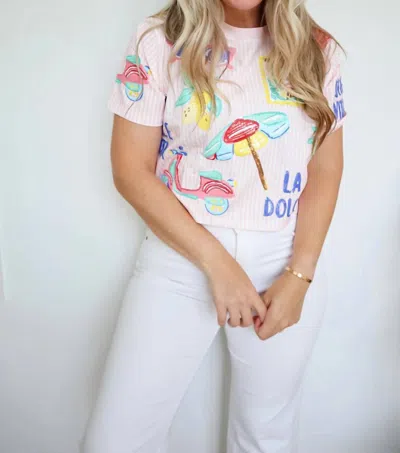 Belle Cher La Dolce Vita Striped Sequin Top In Italian Vacation Style In White