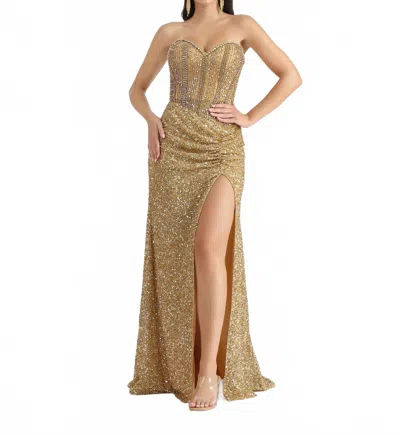 Belle Couture Sequin Sweetheart Neck Gown With High Slit In Gold In Green