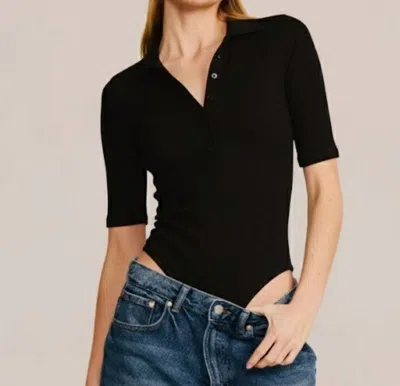 Belle D'amour Short Sleeve Collared Bodysuit In Black