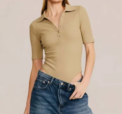 Belle D'amour Short Sleeve Collared Bodysuit In Khaki In Neutral