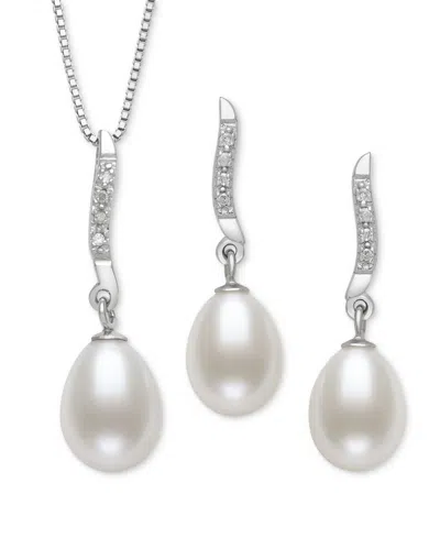 Belle De Mer 2-pc. Set Cultured Freshwater Pearl (7-8mm) & Lab Created White Sapphire (1/3 Ct. T.w.) Pendant Neck In Silver