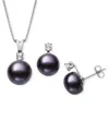 Belle De Mer 2-pc. Set Dyed Black Peacock Cultured Freshwater Pearl (9-10mm) & Lab-created White Sapphire (1/3 Ct In Black