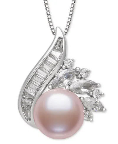Belle De Mer Blush Cultured Freshwater Pearl (9-10mm) & Lab Created White Sapphire (1-1/2 Ct. T.w.) Pendant 18" N In Silver