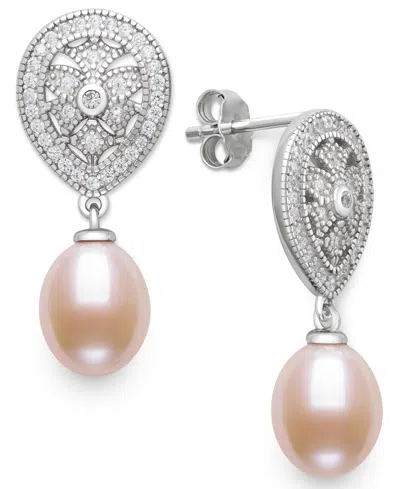 Belle De Mer Cultured Freshwater Blush Pink Pearl (8-9mm) And Lab Created Sapphire Drop Earrings In Sterling Silv