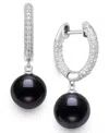 Belle De Mer Cultured Freshwater Peacock Black Pearl (10-11mm) And Lab Created Sapphire Drop Earrings In Sterling In Black