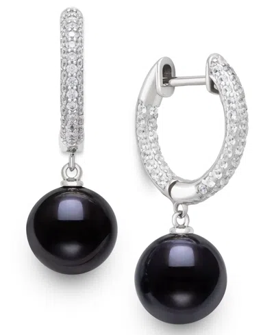 Belle De Mer Cultured Freshwater Peacock Black Pearl (10-11mm) And Lab Created Sapphire Drop Earrings In Sterling