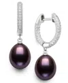 Belle De Mer Cultured Freshwater Peacock Black Pearl (10-11mm) And Lab Created Sapphire Drop Earrings In Sterling In Black