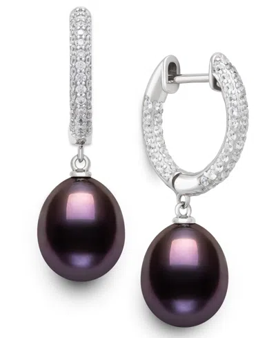 Belle De Mer Cultured Freshwater Peacock Black Pearl (10-11mm) And Lab Created Sapphire Drop Earrings In Sterling