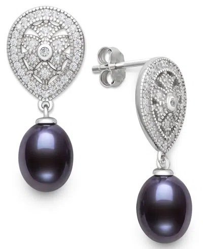 Belle De Mer Cultured Freshwater Peacock Black Pearl (8-9mm) And Lab Created Sapphire Drop Earrings In Sterling S