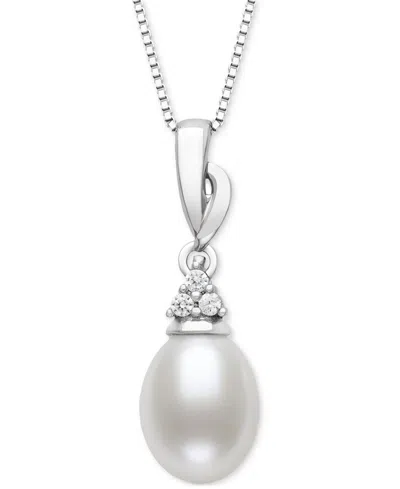 Belle De Mer Cultured Freshwater Pearl (7-8mm) & Lab-created Sapphire (3/8 Ct. T.w.) 18" Pendant Necklace In Ster In White