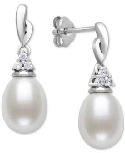 Belle De Mer Cultured Freshwater Pearl (7-8mm) & Lab-created White Sapphire Accent Drop Earrings In Sterling Silv In Silver