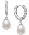 Belle De Mer Cultured Freshwater Pearl (7-8mm) Charm Lab-created Sapphire (1/6 Ct. T.w.) Hoop Earrings In Sterlin In White