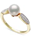 Belle De Mer Cultured Freshwater Pearl (7mm) & Diamond (1/6 Ct. T.w.) Leaf Accent Ring In 10k Gold