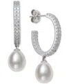 Belle De Mer Cultured Freshwater Pearl (8-9mm) & Lab Created White Sapphire (1-1/4 Ct. T.w.) Dangle Hoop Earrings In Silver