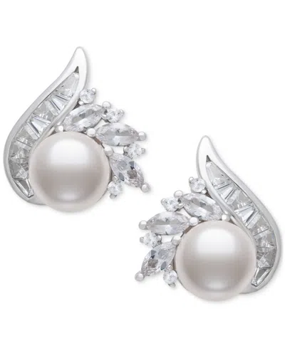 Belle De Mer Cultured Freshwater Pearl (8-9mm) & Lab Created White Sapphire (2 Ct. T.w.) Mixed Cut Swirl Stud Ear In Silver