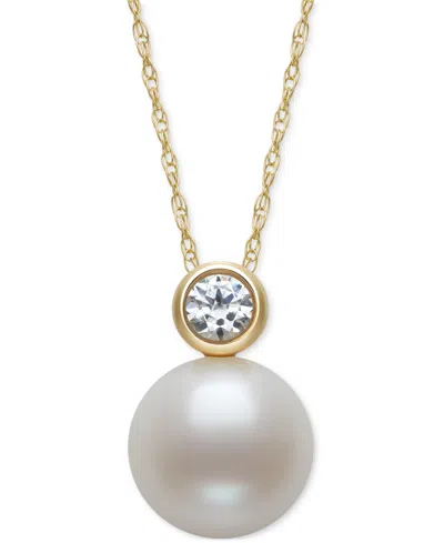 Belle De Mer Cultured Freshwater Pearl (8mm) & Diamond (1/6 Ct. T.w.) Bezel 18" Pendant Necklace In 14k Gold