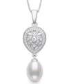 Belle De Mer Cultured Freshwater White Drop Pearl (8-9mm) And Lab Created Sapphire Necklace In Sterling Silver In White