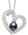 Belle De Mer Dyed Black Peacock Cultured Freshwater Pearl (6-7mm) & Cubic Zirconia Heart Pendant 18" Necklace In In Black