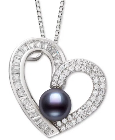 Belle De Mer Dyed Black Peacock Cultured Freshwater Pearl (6-7mm) & Cubic Zirconia Heart Pendant 18" Necklace In