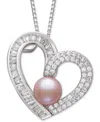 Belle De Mer Dyed Black Peacock Cultured Freshwater Pearl (6-7mm) & Cubic Zirconia Heart Pendant 18" Necklace In In Pink