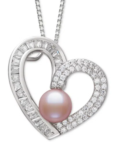 Belle De Mer Dyed Black Peacock Cultured Freshwater Pearl (6-7mm) & Cubic Zirconia Heart Pendant 18" Necklace In In Pink