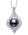 Belle De Mer Dyed Black Peacock Cultured Freshwater Pearl (9-10mm) & Lab Created White Sapphire (1 Ct. T.w.) Pend In Silver