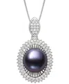 Belle De Mer Peacock Black Cultured Freshwater Pearl (10mm) & Cubic Zirconia 18" Pendant Necklace In Sterling Sil In Peacock
