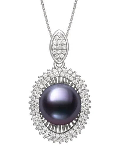Belle De Mer Peacock Black Cultured Freshwater Pearl (10mm) & Cubic Zirconia 18" Pendant Necklace In Sterling Sil