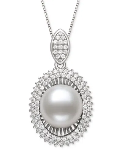 Belle De Mer Peacock Black Cultured Freshwater Pearl (10mm) & Cubic Zirconia 18" Pendant Necklace In Sterling Sil In White