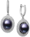 Belle De Mer Peacock Black Cultured Freshwater Pearl (10mm) & Cubic Zirconia Halo Drop Earrings In Sterling Silve In Peacock