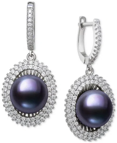 Belle De Mer Peacock Black Cultured Freshwater Pearl (10mm) & Cubic Zirconia Halo Drop Earrings In Sterling Silve