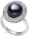 Belle De Mer Peacock Black Cultured Freshwater Pearl (10mm) & Cubic Zirconia Halo Ring In Sterling Silver (also I In Peacock