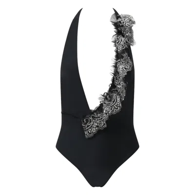 Belle-et-bonbon Women's New  Aprés Sun Collection Black Halterneck Swimsuit With Detachable Polka Dot Ruffle And Sil