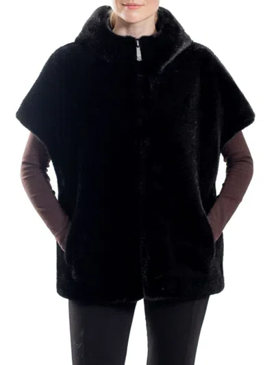 Belle Fare By Ming Yang Women's Faux Mink Hooded Faux Fur Cape Vest In Black