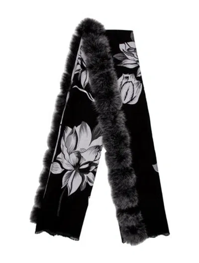 Pre-owned Belle Fare Faux Fur Floral Print Scarf W/ Tags In Black