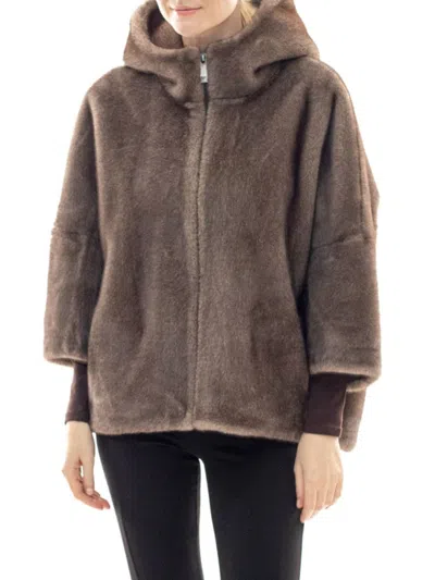 Belle Fare Women's Faux Mink Hooded Cape Jacket In Brown