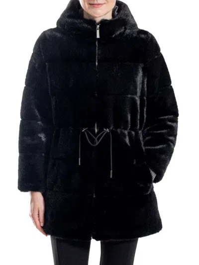 Belle Fare Women's Faux Mink Hooded Drawstring Jacket In Black