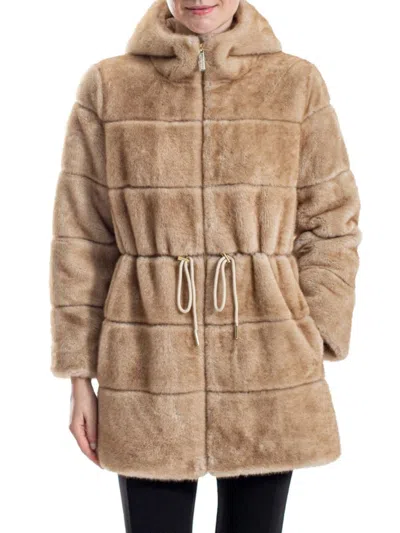 Belle Fare Women's Faux Mink Hooded Drawstring Jacket In Brown