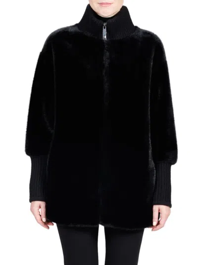 Belle Fare Women's Faux Mink Knit-trim Coat In Black
