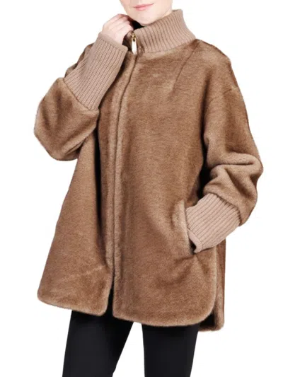 Belle Fare Women's Faux Mink Knit-trim Coat In Brown