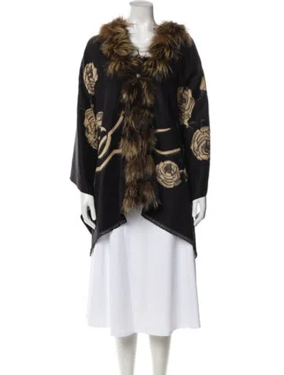 Pre-owned Belle Fare Wool Floral Print Shawl In Black