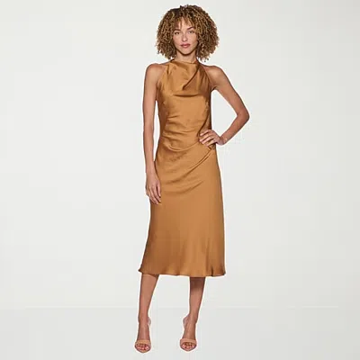 Belle Vie Womens Juniors Midi Halter Neck Sleeveless Satin A-line Dress In Brown
